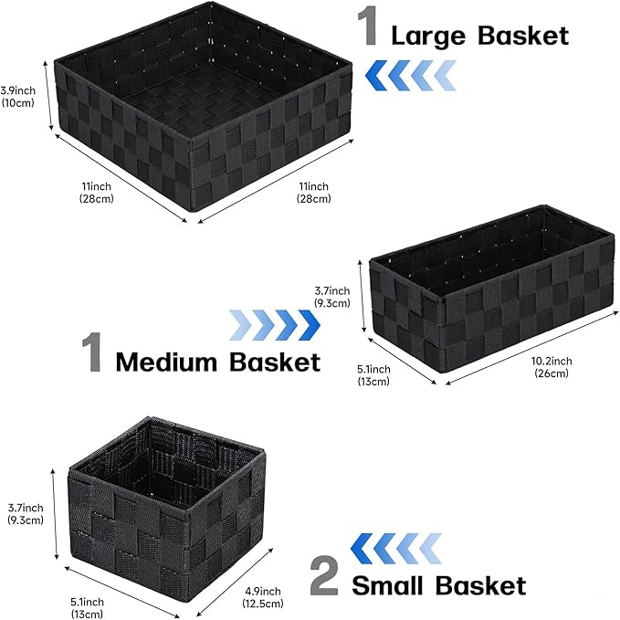 Small Black Baskets, 4 Piece Multi Size Black Woven Baskets with Metal Frame, Closet Shelf Dresser Bathroom Storage, Vanity Drawer Bedroom Office Organization