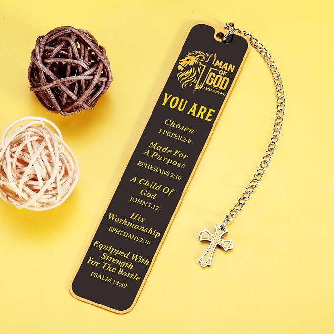 Christian Bookmark for Men, Inspirational Lion Bible Verse Bookmark with Cross Pendant, Religious Scripture Verse Bookmarks for Man Accessories Church Fathers Day Baptism Easter for Pastor Men