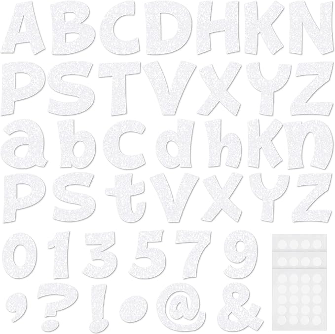 Colarr 216 Pcs Glitter Bulletin Board Letters for Classroom Number Alphabet Punctuation Symbol Cutout 4'' Die-Cut Poster Letter with Adhesive Dot School Party Holiday Decor Display(Iridescence White)