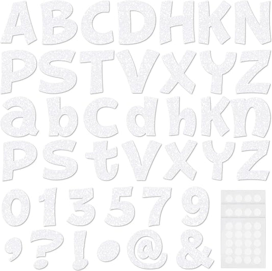Colarr 216 Pcs Glitter Bulletin Board Letters for Classroom Number Alphabet Punctuation Symbol Cutout 4'' Die-Cut Poster Letter with Adhesive Dot School Party Holiday Decor Display(Iridescence White)