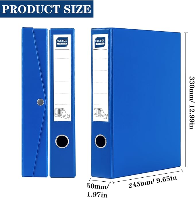 Storage File Boxes 6 Pack, Foldable File Boxes with Lid, 50mm Spine, Archives Cases with Magnetic Closure & Clip, Plastic Document File Folder Paper Storage Organizer, Blue