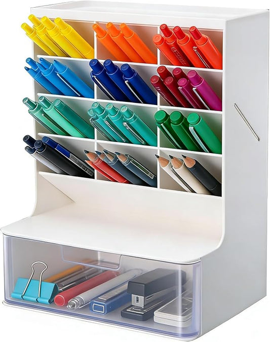 Desk Organizer with Drawer Pen Holder Workspace Organizers Perfect Office Desk Accessories and Workspace Organizers for Home Office Organization (White/Transparent)
