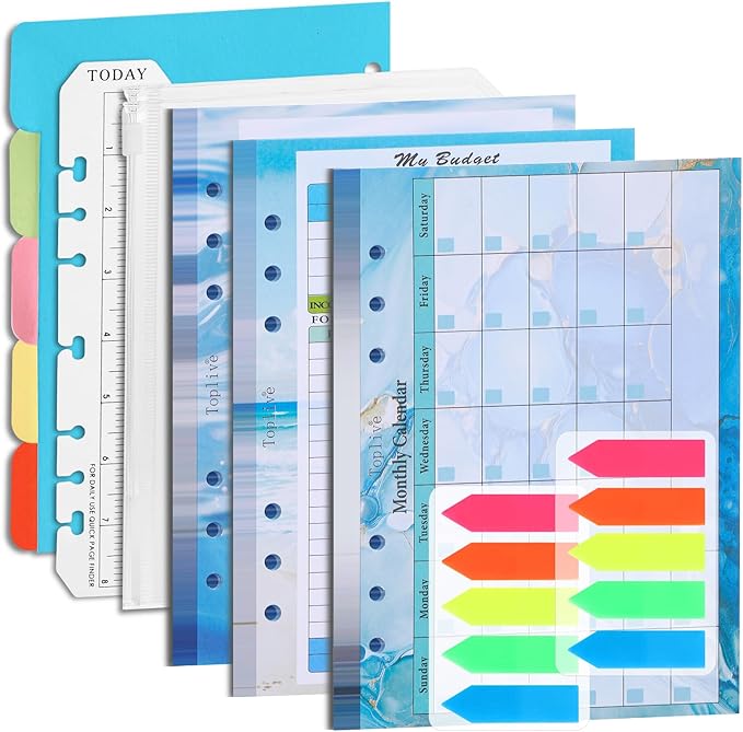 Toplive 7 Pack A5 Planner Inserts Monthly Weekly Planner Refills Paper 6 Ring Expense Budget Sheets with Cash Envelopes Divider Ruler Stickers, for A5 Planner Binder Cover, Blue Ocean Marble