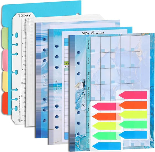 Toplive 7 Pack A5 Planner Inserts Monthly Weekly Planner Refills Paper 6 Ring Expense Budget Sheets with Cash Envelopes Divider Ruler Stickers, for A5 Planner Binder Cover, Blue Ocean Marble
