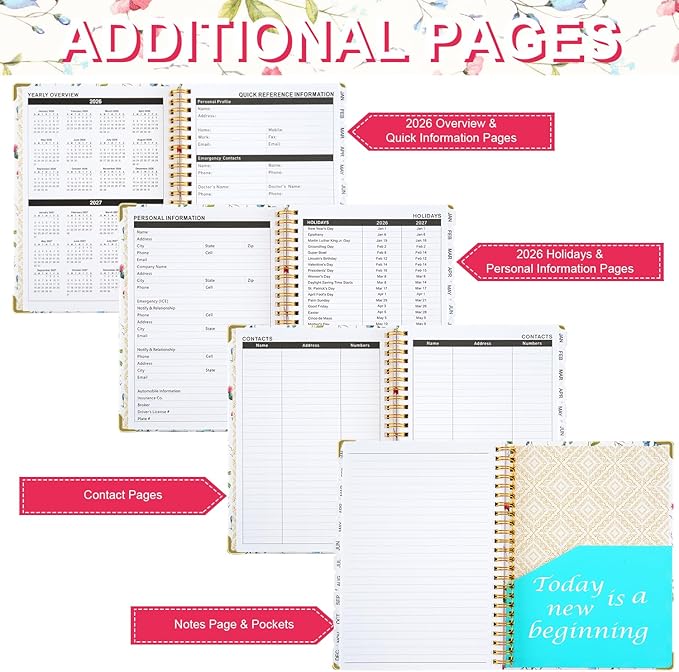 2026 Planner, Daily Weekly Monthly Planner with Tabs, 2026 monthly planner with Color Pen, Sticky Notes and Stickers, 6.2" x 8.5", Durable Twin Wire Binding, Storage Pocket - Floral Multicolor
