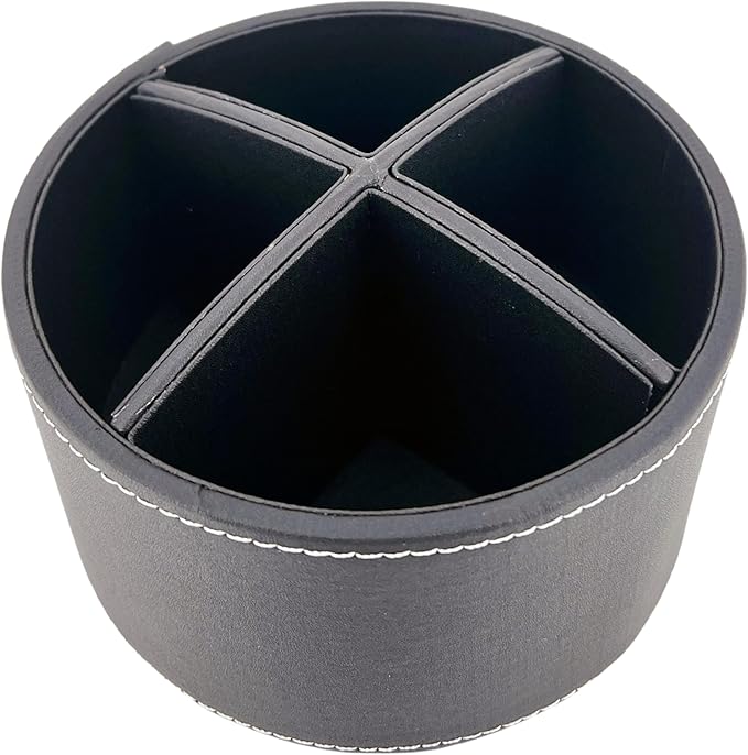 PU Leather Round TV Remote Control Holder for Table,360° Swivel Office Supply Desktop Organizer,4 Compartments Phone/Pen/Pencil Holder,Suitable for Stationery/Heater Controllers Etc (Black)
