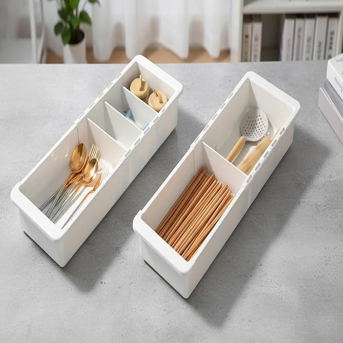 Deep Drawer Organizer Office, Adjustable & Expandable Drawer Organizer with Dividers, 18.11” White Plastic Storage Tray for Office Supplies, Kitchen Utensils,Junk & Tool Drawers