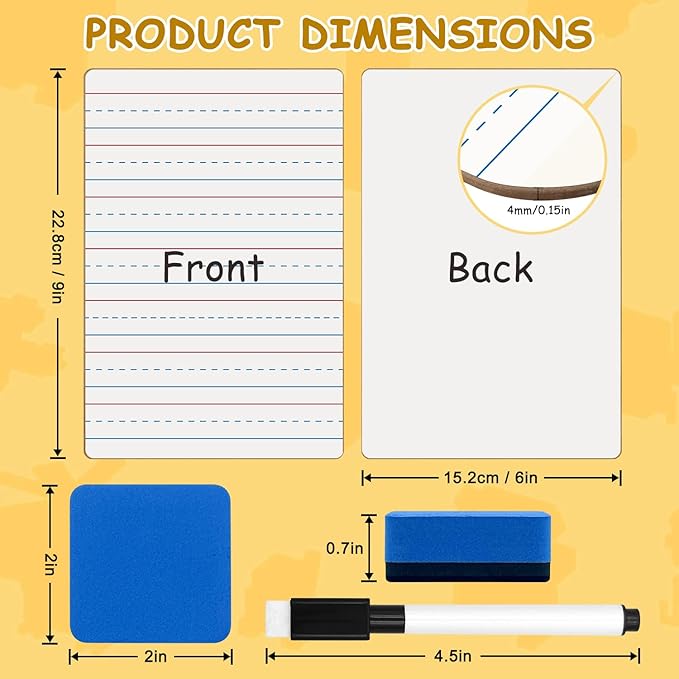 12-Piece Dry Erase Board Set, Double-Sided Small Whiteboards with Lines for Writing, Students and Teachers in Classroom, 6"x9" Mini Whiteboards, Includes 12 Markers and 12 Erasers