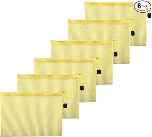 6 Pcs 5.31" x 7.68" B6 Sizes Mesh Zipper Pouch Bags, Mesh Bags with Zipper，Waterproof Clear Document Pouch for Organization Puzzles Travel, Office, Classroom Organization, B6 Yellow