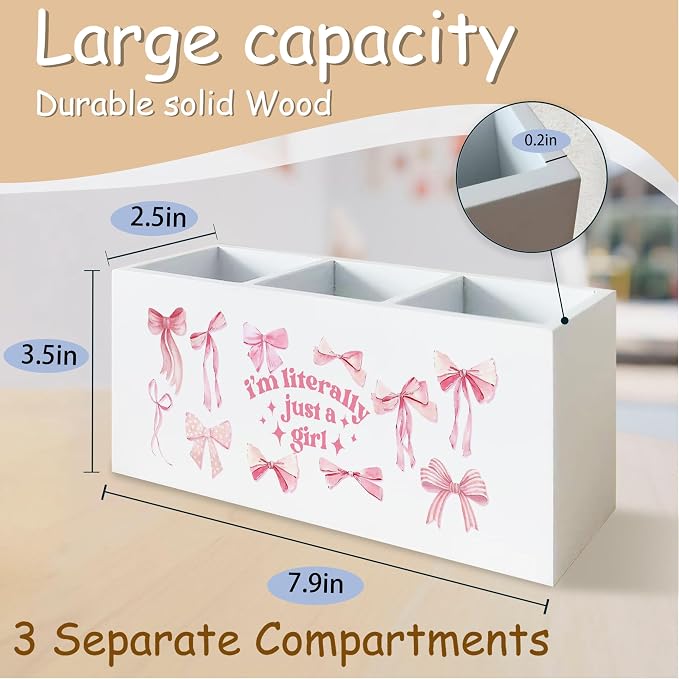 Inspirational Pink Bow Motivational Pen Holder for School Home Office Desk Decor, I'm Literally Just a Girl Wooden Pencil Holder Sign Organizer for Home Office Desk Accessories, Pink Gifts for Girl