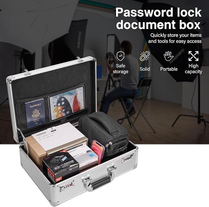 LOCKCURX File Organizer Storage Box - 16.9 x 12.2 x 6.3 Inch Large, Portable Locking Storage Totes with Dual Combination Locks for Cash, Documents & Valuables - Silver