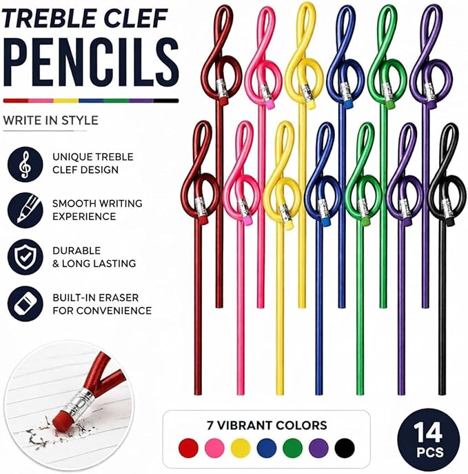 Zonon 14 Pack Treble Clef Pencils with Erasers Music Note Pencils for Students Artists Kids Colorful Wooden Music Pen Bulk for School Office and Art Supplies