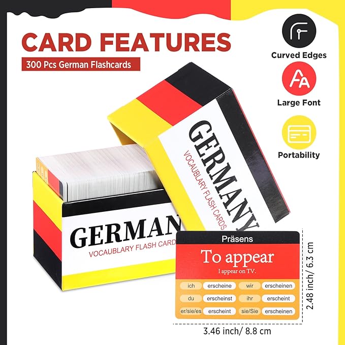 gisgfim 300 Pcs German Vocabulary Flash Cards Beginner Vocab with Pictures German Verb Conjugation Present Tense Memory & Sight Words Essential Translations Learn Language Cards in A Fun & Easy Way
