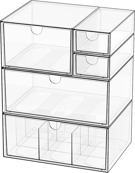 Desk Organizer Set, Clear Stackable Dustproof Storage Boxes for Desktop, Office, DIY Craft & Vertical Space Saving, Perfect for Makeup, Stationery, Jewelry Organization (5 Drawer)