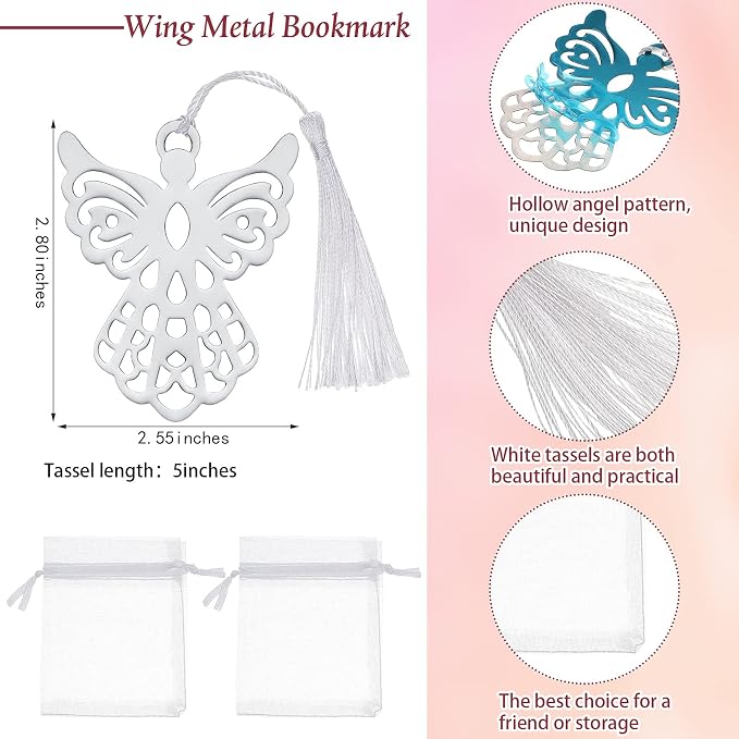 Chinco 10 Sets Metal Angel Bookmark for Women Wedding Charm Funeral Gift Easter Angel Bookmark Bulk with Organza Bags for Students Teacher Rewarded Book Lovers Party Christmas Tree Hanging Ornaments