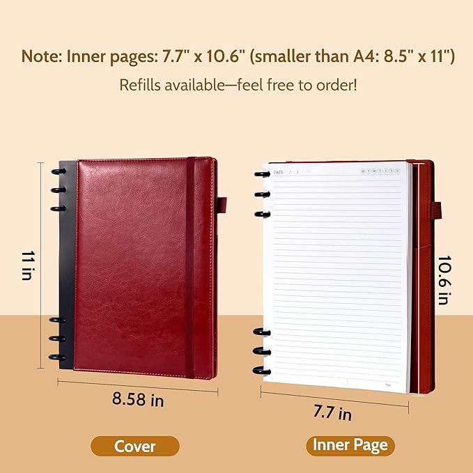 Refillable Notebooks for Work Discbound: Hardcover Notebook with 5 Subject Removable Dividers Tabs Colleged Ruled Large Journal for Writing Women Men 240 Pages,Dark Red