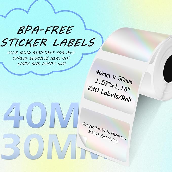 Thermal Labels Compatible with Phomemo M100/M110/M221/M220/M120/M200 Label Printer 1.57"x1.18"(40x30mm),230 Labels/Roll, for Barcode/Address/Mailing/Logo/Business/Home Tag