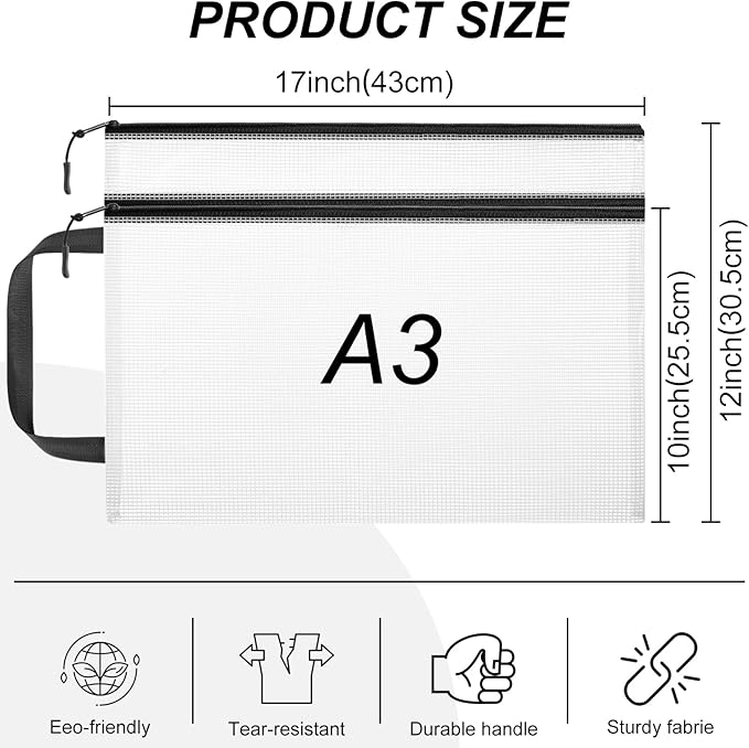 Double Layers Mesh Zipper Pouch Bags A3 (17x12 in, 24 Pcs) 8 Colors Extra Large Zipper Bags, Waterproof File Pouches for Puzzles Board Game Teacher School Classroom Office Supplies Travel Bag