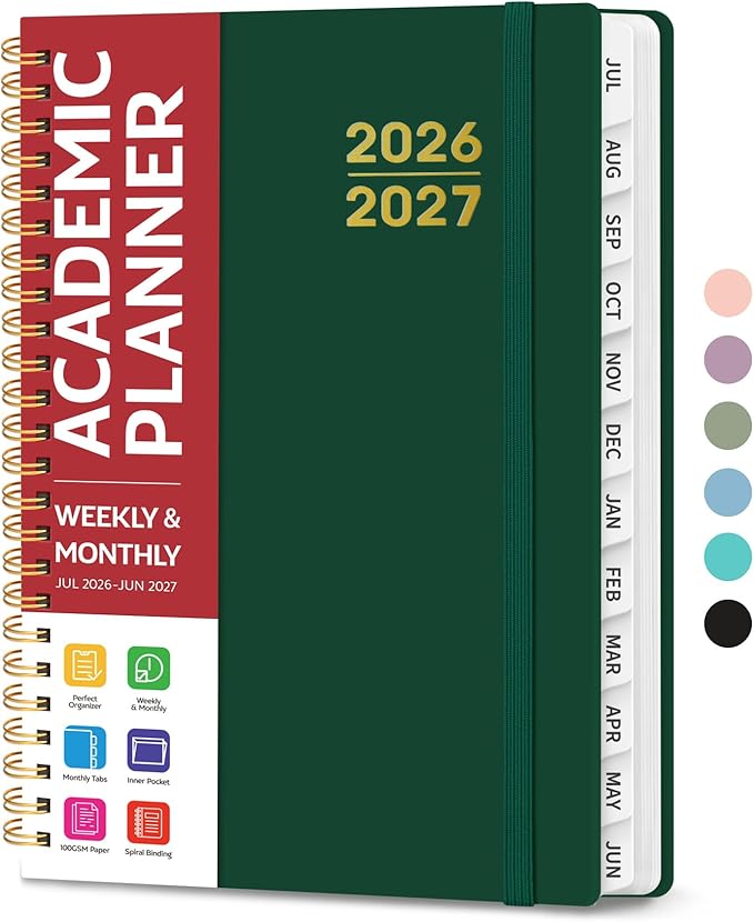 Planner 2026-2027 for Women & Men, Academic Monthly and Weekly Calendar Planner, Jul 2026 - Jun 2027, A5 (6.3" x 8.5"), Teacher Student Planning Book with Tabs, Ideal for Office School Supplies - Dark Green