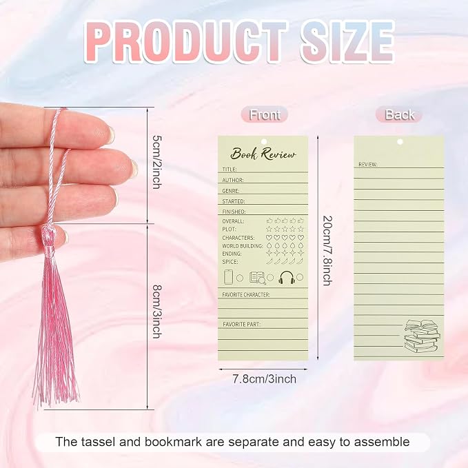 50 Pcs Colorful Book Review Bookmarks with 50 Bookmark Tassels Book Tracker Reading Log Page for Readers Bookish Gift, Reading Page Tracker for Students Teachers Women