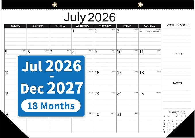 MZD8391 Desk Calendar 2026-2027, Wall Calendar, 18 Months from July 2026 to December 2027, Large 17" x 12" Monthly Planner with Waterproof Cover, Julian Dates & Holidays for Home Office School