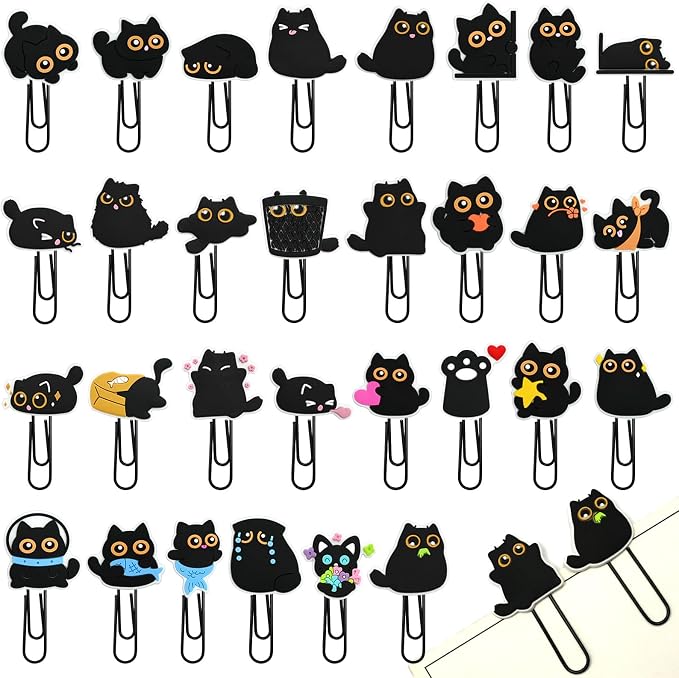 Cute Paper Clips, 30Pcs Black Cat Bookmark Paperclips Bulk Metal Fun Cute Cat Planner Clip Charms Clamp Desk Accessories Stationery Colorful Office Supplies Gifts for Student Teacher Party Decorative