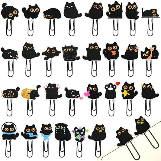 Cute Paper Clips, 30Pcs Black Cat Bookmark Paperclips Bulk Metal Fun Cute Cat Planner Clip Charms Clamp Desk Accessories Stationery Colorful Office Supplies Gifts for Student Teacher Party Decorative