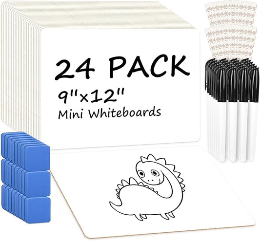 24 Pack Small White Board Dry Erase Boards for Students, 9" x 12" Double Sided Mini White boards with 24 Markers and 24 Erasers, Personal Lapboards for Kids, Teacher, Office, Classroom School Supplies