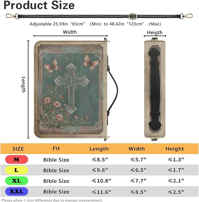 Medium Bible Bag for Girls, Green Bible Cover with Strap and Handle, Boho Crucifix Print PU Leather Book Protecto with Inner Pockets and Pen Loop, Biblia Study Supplies for Girls