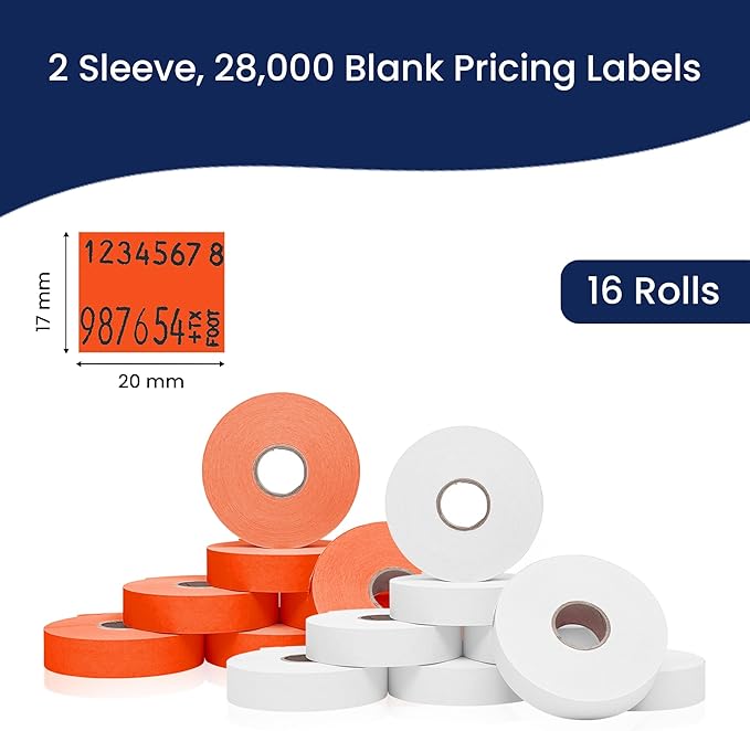 Perco White & Red Pricing Labels for Monarch 1136 28,000 Labels, 2 Sleeves, 16 Rolls Combo Pack Includes Label Scraper & Ink Rolls