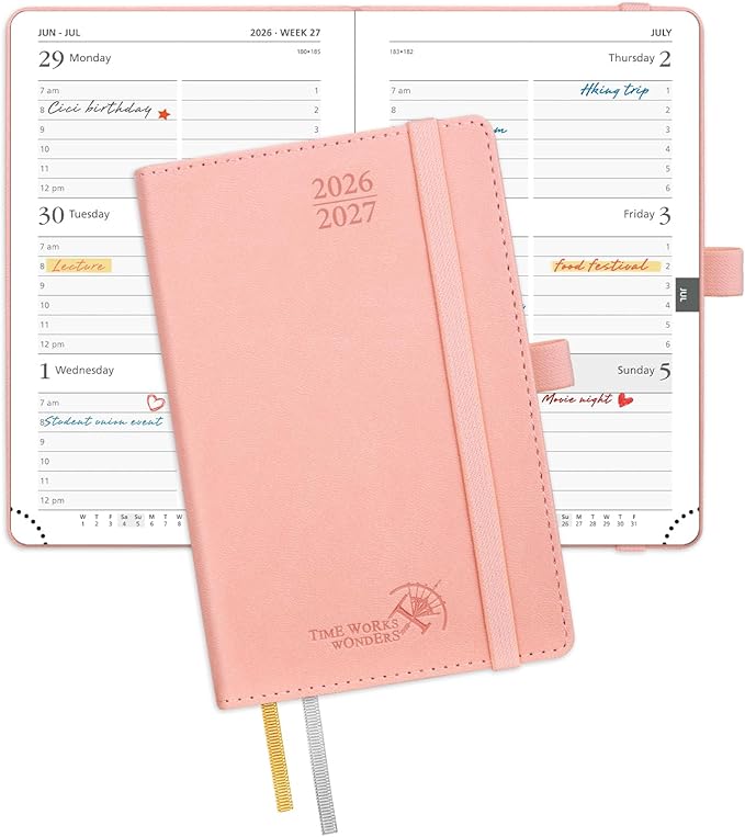 POPRUN Pocket Planner 2026-2027, Purse Size-4" x 6.25", Pocket Calendar (July 2026-June 2027) for Purse, Academic Small Weekly Planner with Hourly Slots, Leather Soft Cover, 100GSM - Pink