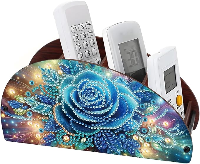 Remote Control Holder with 4 Compartments, DIY Diamond Art Painting Wooden Half Moon TV Control Holder for Remote Controllers, Office Supplies, Makeup Brush, Media Accessories-Blue Rose