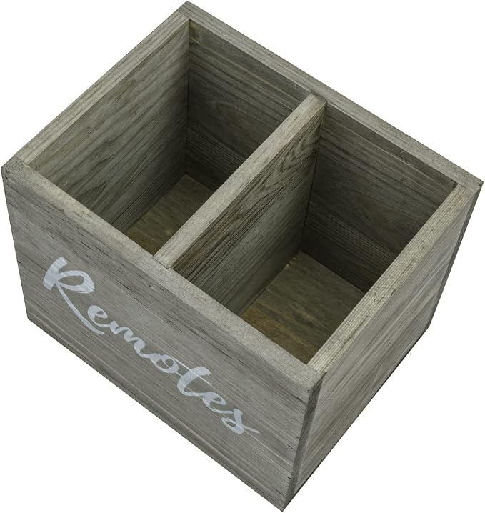 MyGift Vintage Gray Weathered Solid Wood Remote Holder for Table, 2 Compartment Caddy Holds TV DVD Blu-Ray Controls, Media Storage Box with White Cursive Remotes Label