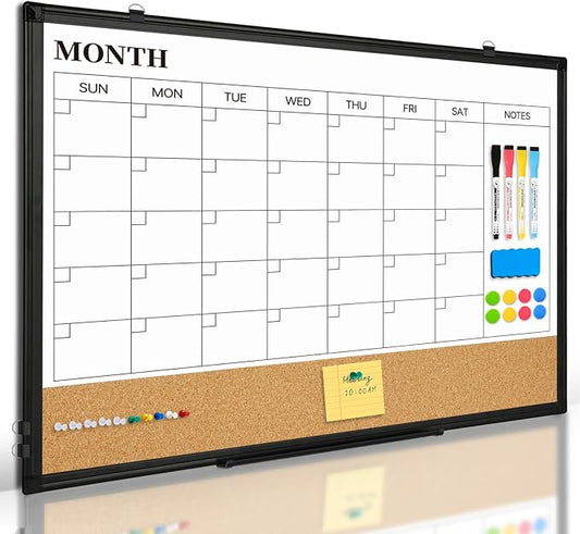 Dry Erase Calendar Whiteboard for Wall, 30"x20" Magnetic Monthly White Board Cork Board Combo, Double Sided, Black Aluminum Frame, Wall Hanging Wipe Board for Home, Office, School, Dorm