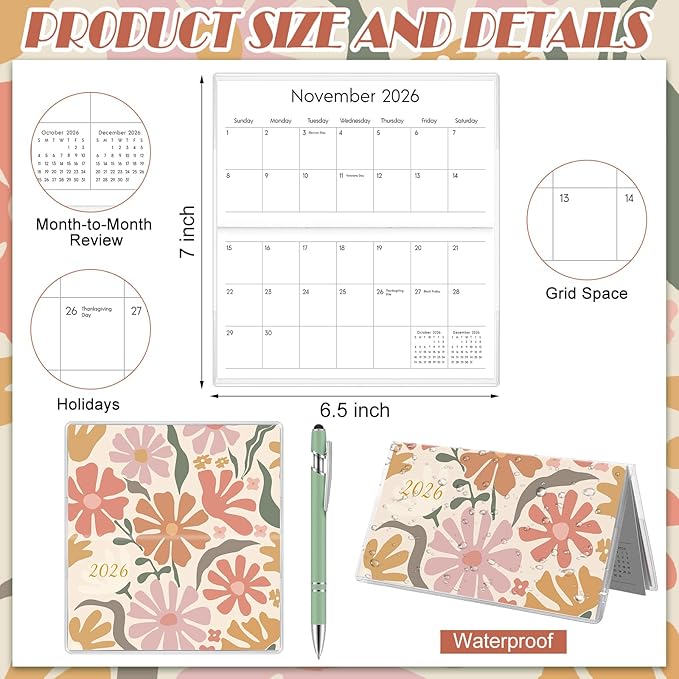 Gueevin 2026 Pocket Calendar for Purse with Pen Small Pocket Planner Handy Weekly Monthly Planner Journal Writing Notebook Valentine New Year Gift Sister Friend Women(Cartoon Flower,Morandi Green)
