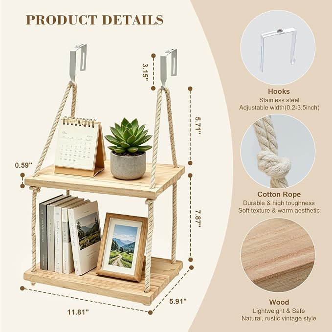 2 Tier Cubicle Shelf for Fabric Wall with Hooks,11.8 Inch Wodden Hanging Shelf with Cotton Rope Organizer Hanging Office Cubical Accessories for work,Boho Style Decor for Women Men Desk Storage