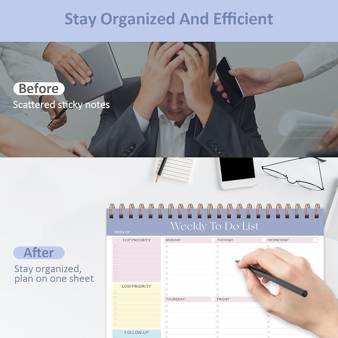 Weekly To Do List Notepad, 52 Sheets, Undated Weekly Planner, Letter Size | 8.5"x11", 100GSM, Thick Paper, Twin-Wire Spiral Bound, Tear Off Desk Pad, For Women & Man, Home School & Office Work