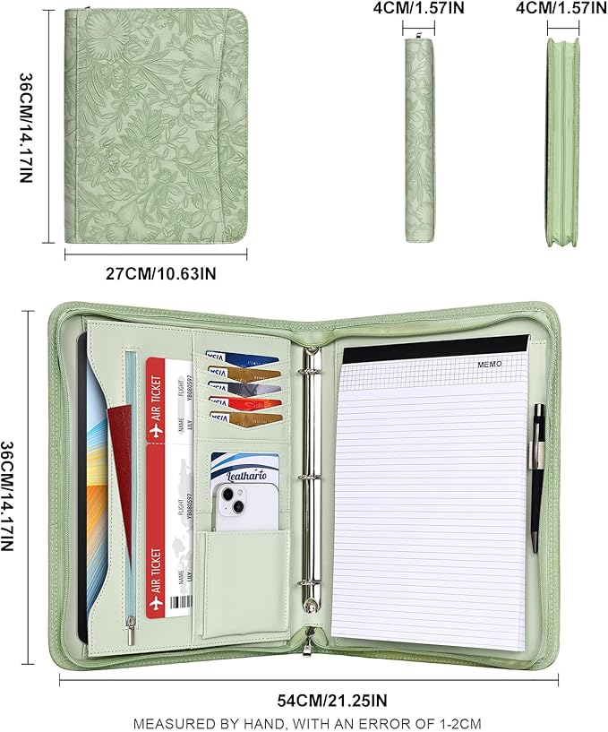 Leathario Portfolio Binder, Includes 10 Sheet Protectors and 3 Notepads, 3-Ring Folder Organizer, A4 Padfolio with Zipper, Vegan Leather Tablet Sleeve, Business Office Conference Clipboards