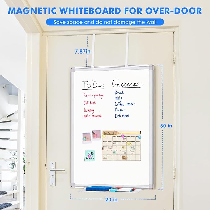 Magnetic Dry Erase Board for Doors, 30x20 Inch Whiteboard with Adjustable Long Arm Hook Mount - Easy to Install, Portable Hanging White Board for Home, Dorm Room, Office Cubicle & Small Spaces