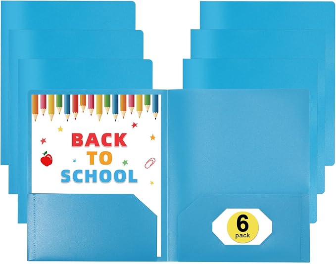 MystiCharm Folders with Pockets Back to School Supplies for Teachers Students 6 Pack 2 Pocket Blue Plastic File Folders Bulk for Documents Homework Paper Resume School Office Supplies Accessories