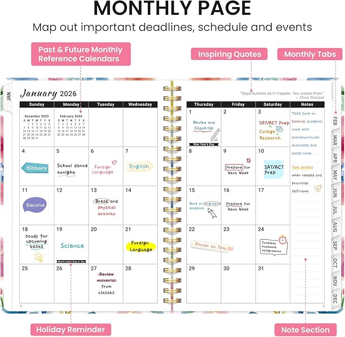 2026 Planner, Weekly and Monthly Calendar Planner for Women, Jan 2026 - Dec 2026, Hardcover Planning Agenda book with Tabs, Spiral Bound, Inner Pocket, Perfect for School Office Supplies, 6.3" x 8.5" - Bloom Floral