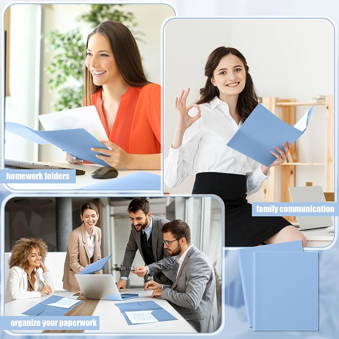 Gueevin 72 Pack Plastic Folder with Pockets, 2 Pocket Folders, Plastic Glossy Folders Fit Letter Size Paper, Heavy Duty Durable File Folder with Business Card for Home Office School (Haze Blue)