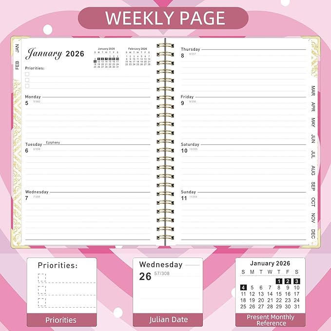 2026 Planner, Jan.2026 - Dec.2026 Planner Weekly and Monthly 6.25"x8.5" with Page Tabs, Calendar Hardcover with Inner Pocket, Elastic Band, Twin-Wire Binding, Bookmark, Pink Big Heart
