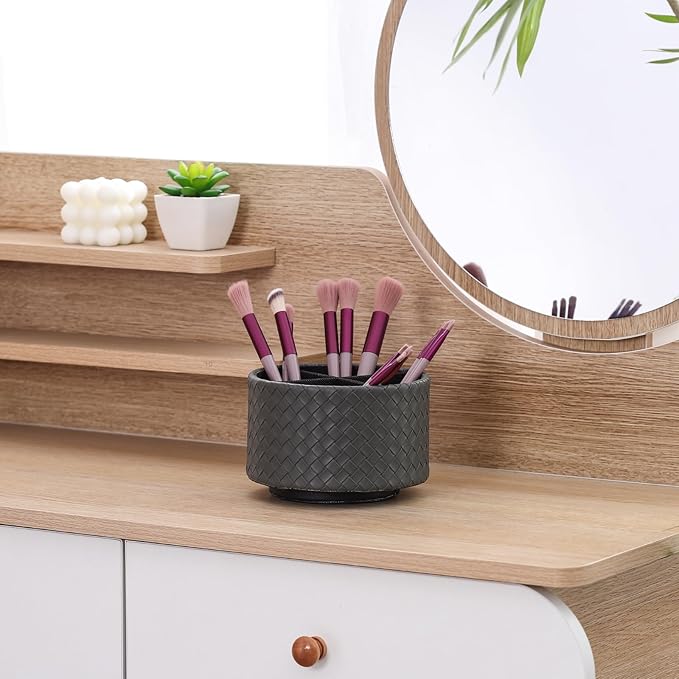 Rotating Remote Holder, PU Leather 360 Degree Rotating Desktop Organizer with 4 Compartments, Makeup Brush Holder Organizer for Vanity Desk, Grey PH118