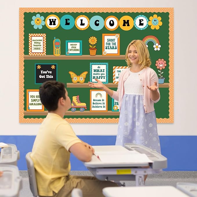 Welcome Back to School Bulletin Board Decorations, Hippie Retro Classroom Decorations Motivational Bookshelf Cutouts Groovy Bulletin Board Set for Classroom School Office Door Wall Decor