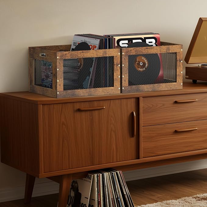 2 Pack Record Storage Box Stackable Vinyl Record Holder Large Capacity Record Crate for Albums, Books, Sheet Music, Rustic Brown