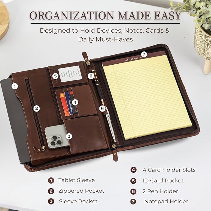 Leather Padfolio with Zipper – Business Portfolio for Men and Women, Legal Pad Portfolio, Leather Folder, Professional Padfolio for Meetings and Interviews
