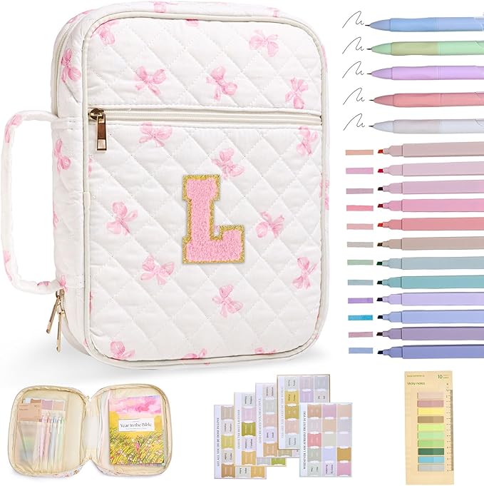 Initial Bible Cover Case for Women Girls Kid Large Bible Cover with Durable Handle Quilted Bible Carrying Case for Girls Bible Study Supplies Accessories (Pink Bow L, one Size)