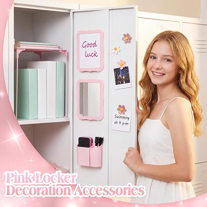 Colarr 16 Pcs Pink Locker Accessories for Girls Includes Magnetic Whiteboard & Mirror Locker Shelf Pen Holder 2 Dry Erase Marker & Eraser 9 Flowers for Back to School Essentials Decoration