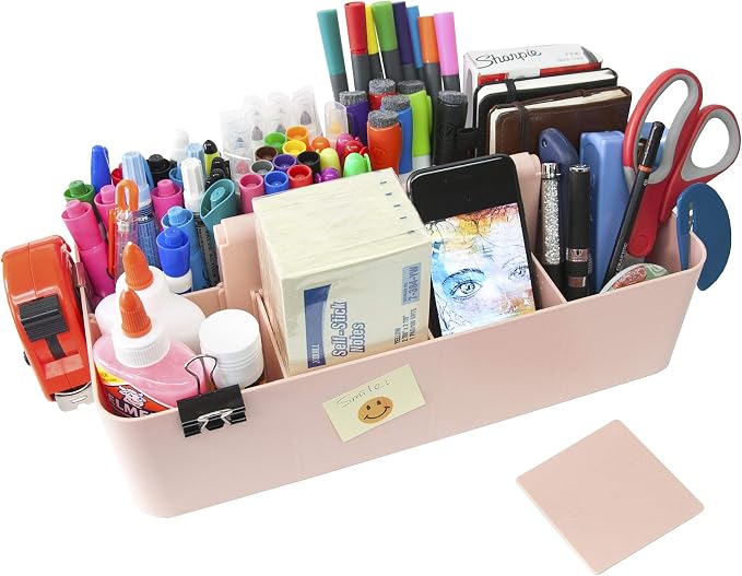 Portable Caddy - Stackable Plastic Organizer with Handle | Desk, Makeup, Dorm, Classroom Art Organizer (Made In USA) (Black/Indie Pink)